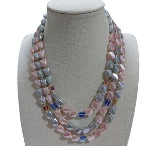 Vintage Japan Multi-Strand Triangular Bead Necklace Pink Blue Hook Clasp 15-17"